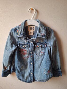 Size 3 Kid's 1969 Gap Denim Long Sleeve Shirt Snaps Embroidery Faded Western